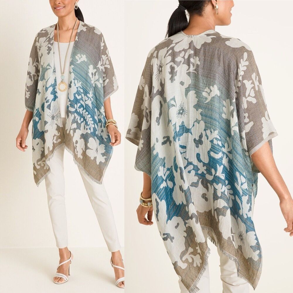 Chicos Mixed Leaf Print Jacquard Ruana Wrap Poncho Shawl Blue Women’s One Size